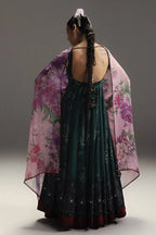 Deep Green: Printed Lawn Anarkali Set with Purple Floral Dupatta | Ready To Wear