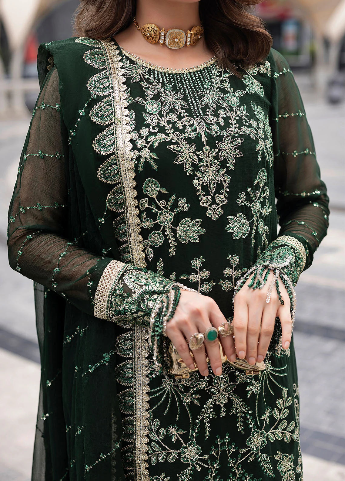 03-Piece Heavy Embroidered Chiffon Long Shirt Suit | Ready To Wear