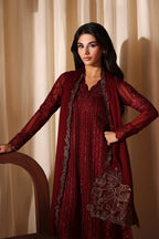 Crimson Red: Embroidered Chiffon Long Kurta Suit | Ready To Wear