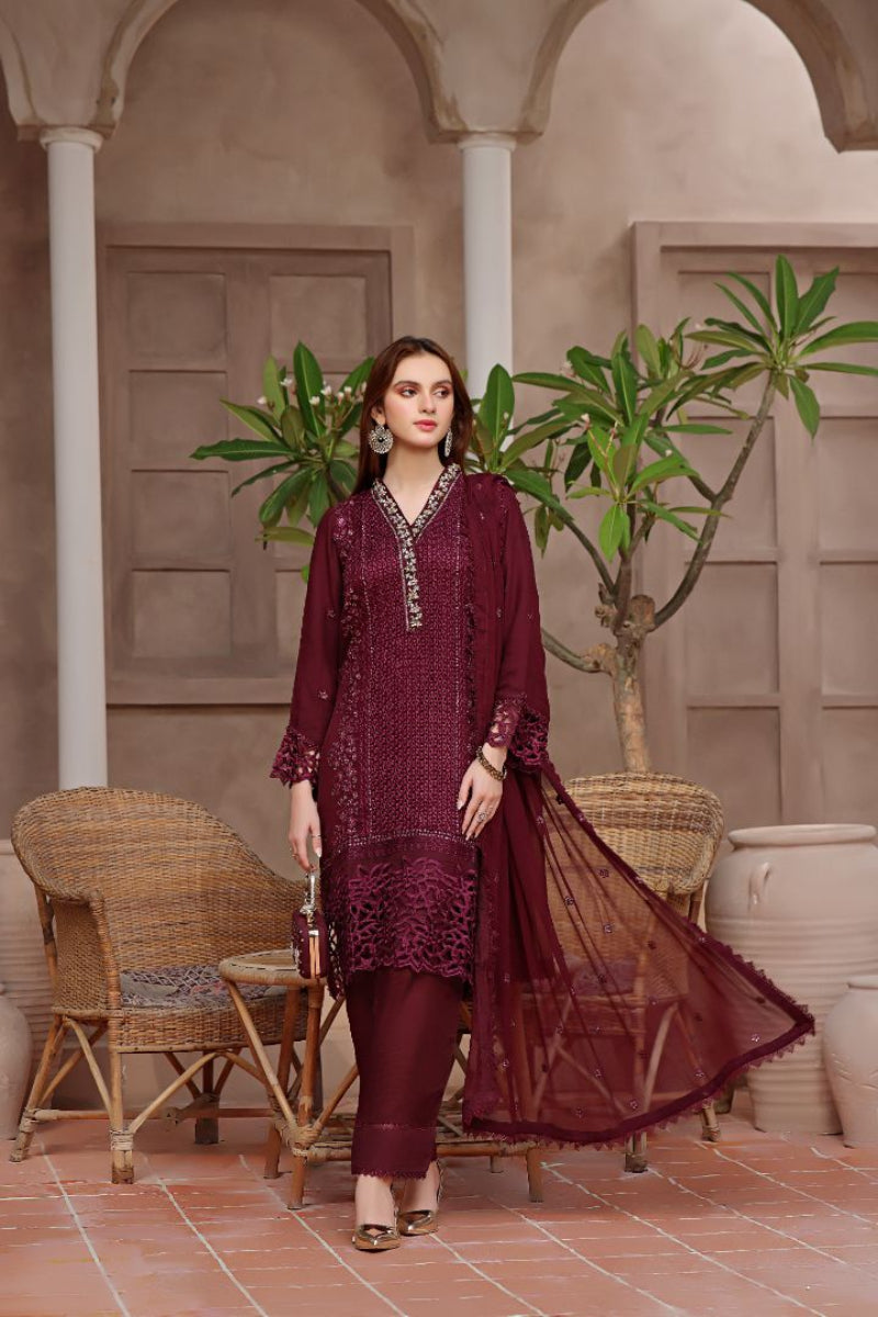 CRIMSON  Chiffon Suit with Malai Trouser  stitched