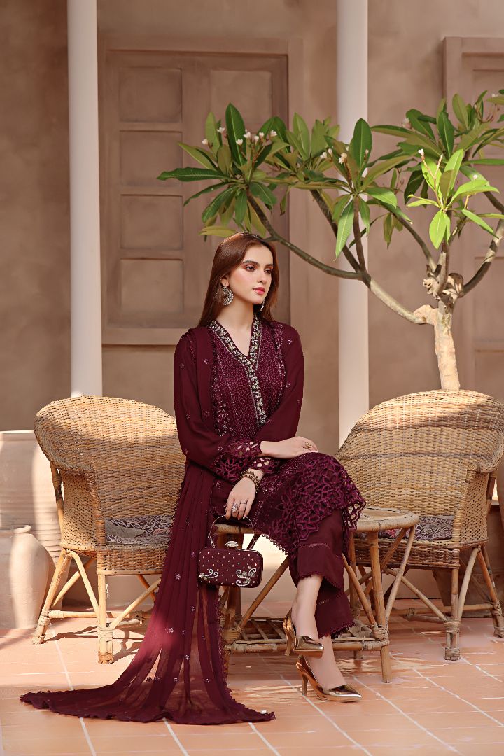 CRIMSON  Chiffon Suit with Malai Trouser  stitched
