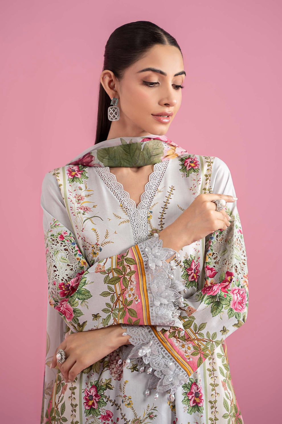 Premium Printed Lawn Suit with Embroidered Patches & Chiffon Dupatta.