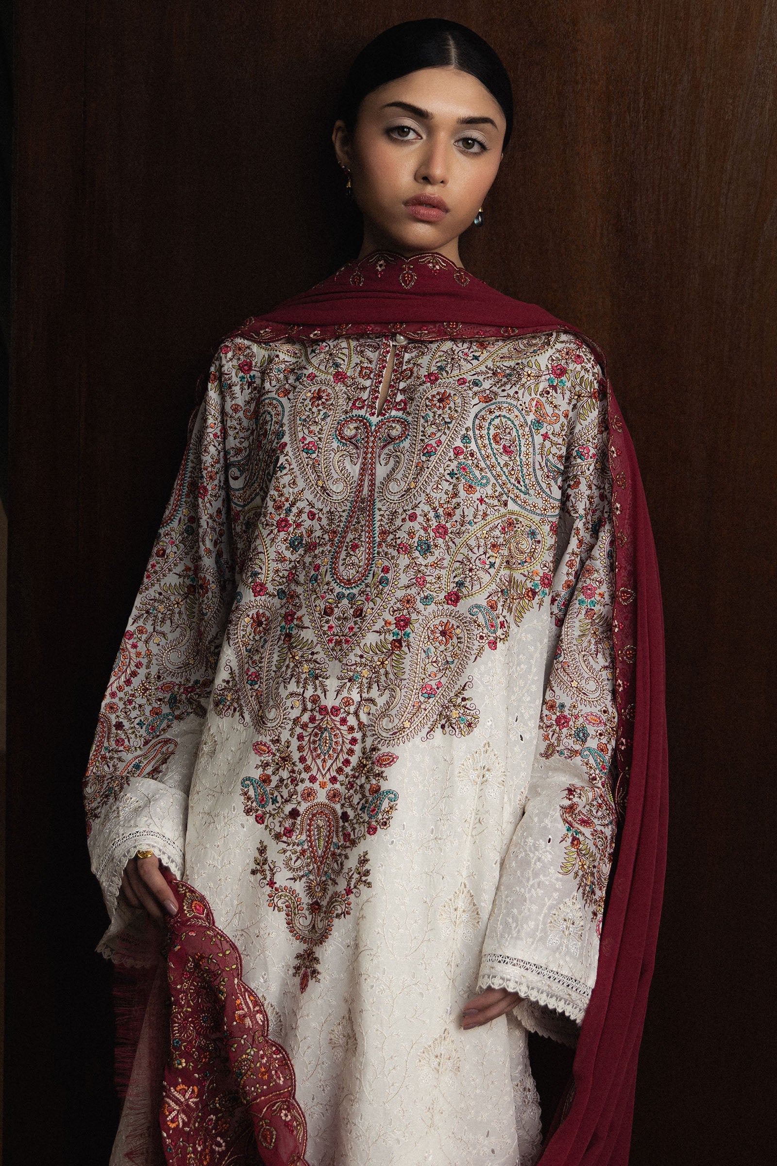 Ivory Kashmiri: Embroidered Lawn Long Kurta | Ready To Wear