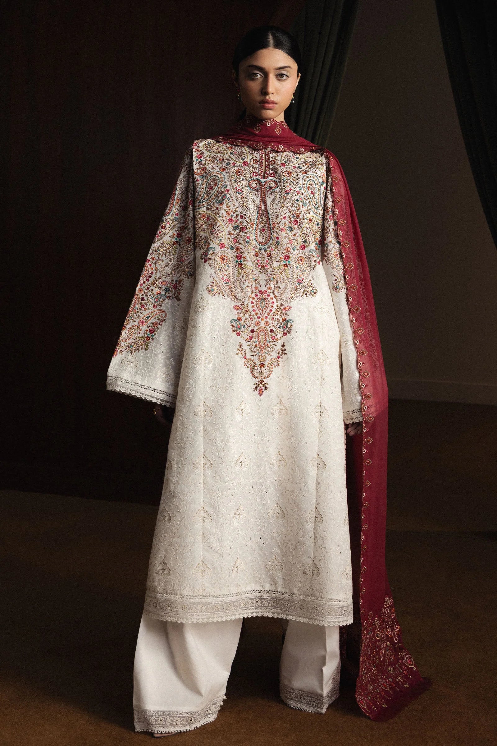 Ivory Kashmiri: Embroidered Lawn Long Kurta | Ready To Wear