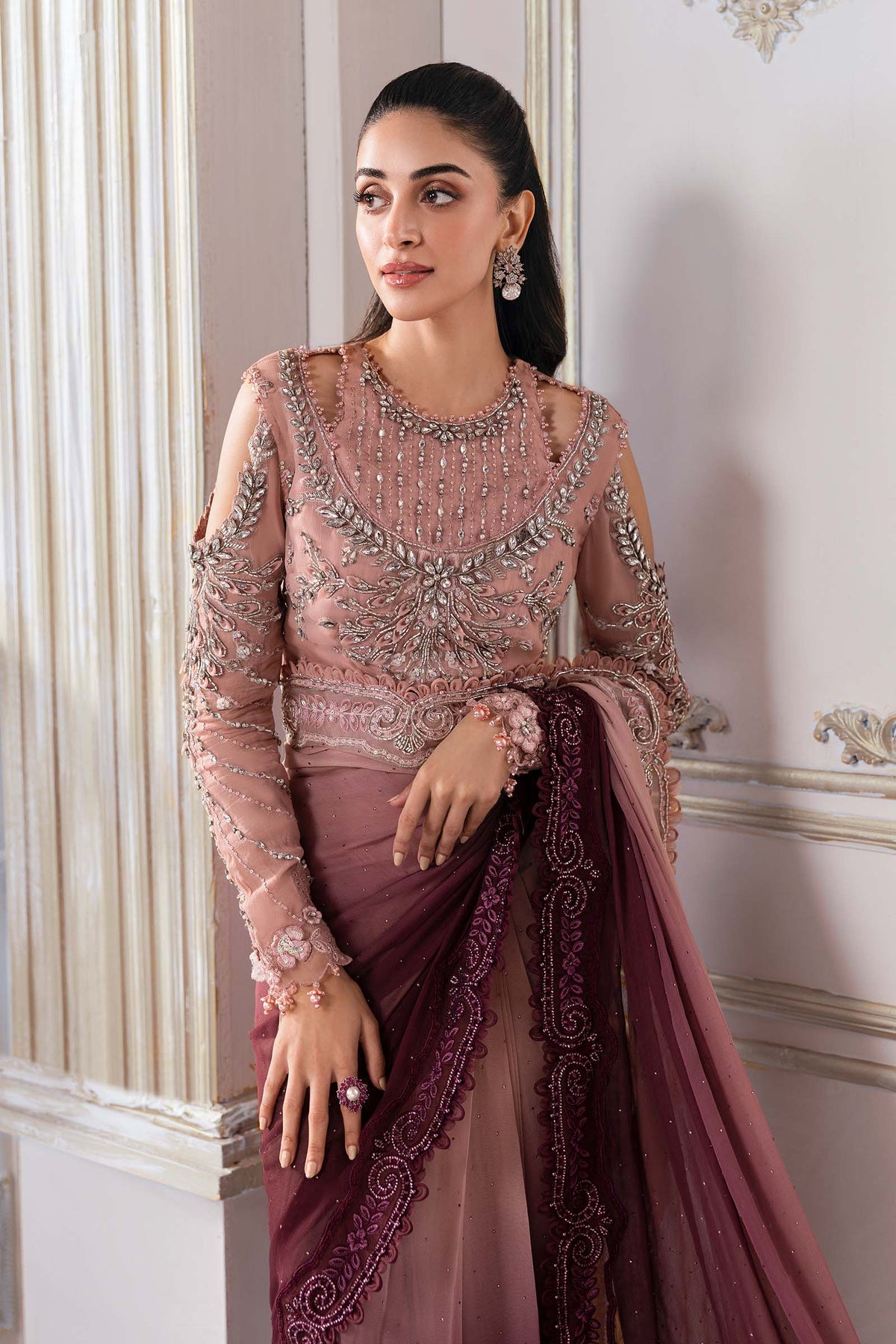 Dual-Tone Pink & Wine: Embroidered Chiffon Saree | Ready To Wear
