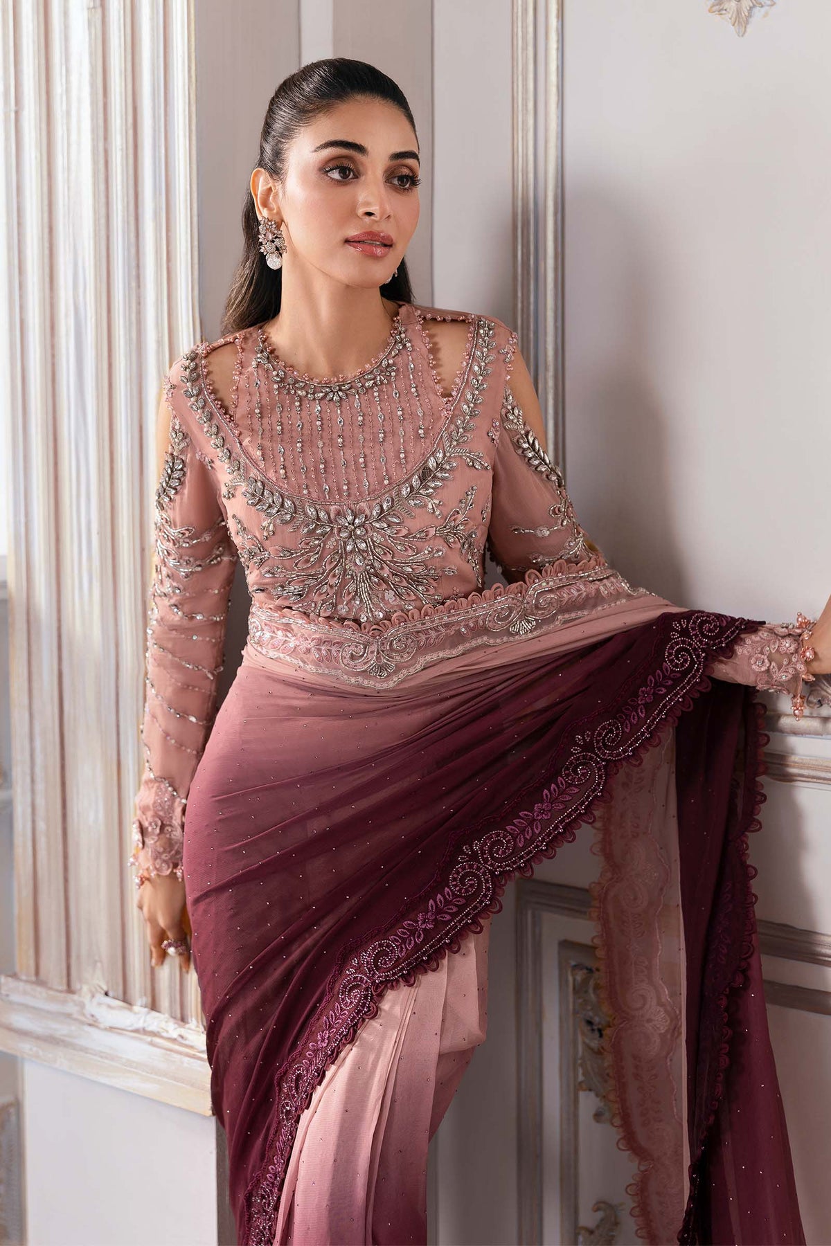 Dual-Tone Pink & Wine: Embroidered Chiffon Saree | Ready To Wear
