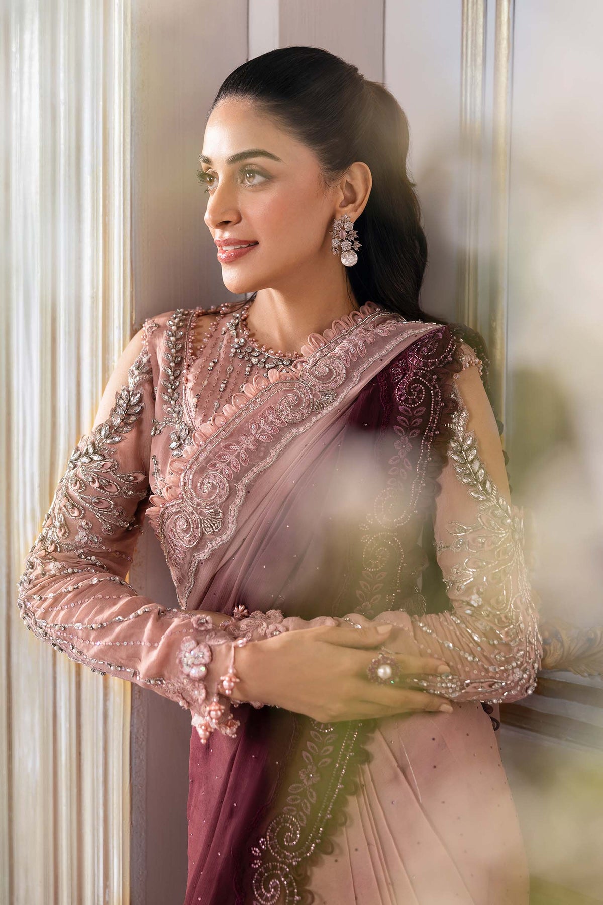 Dual-Tone Pink & Wine: Embroidered Chiffon Saree | Ready To Wear