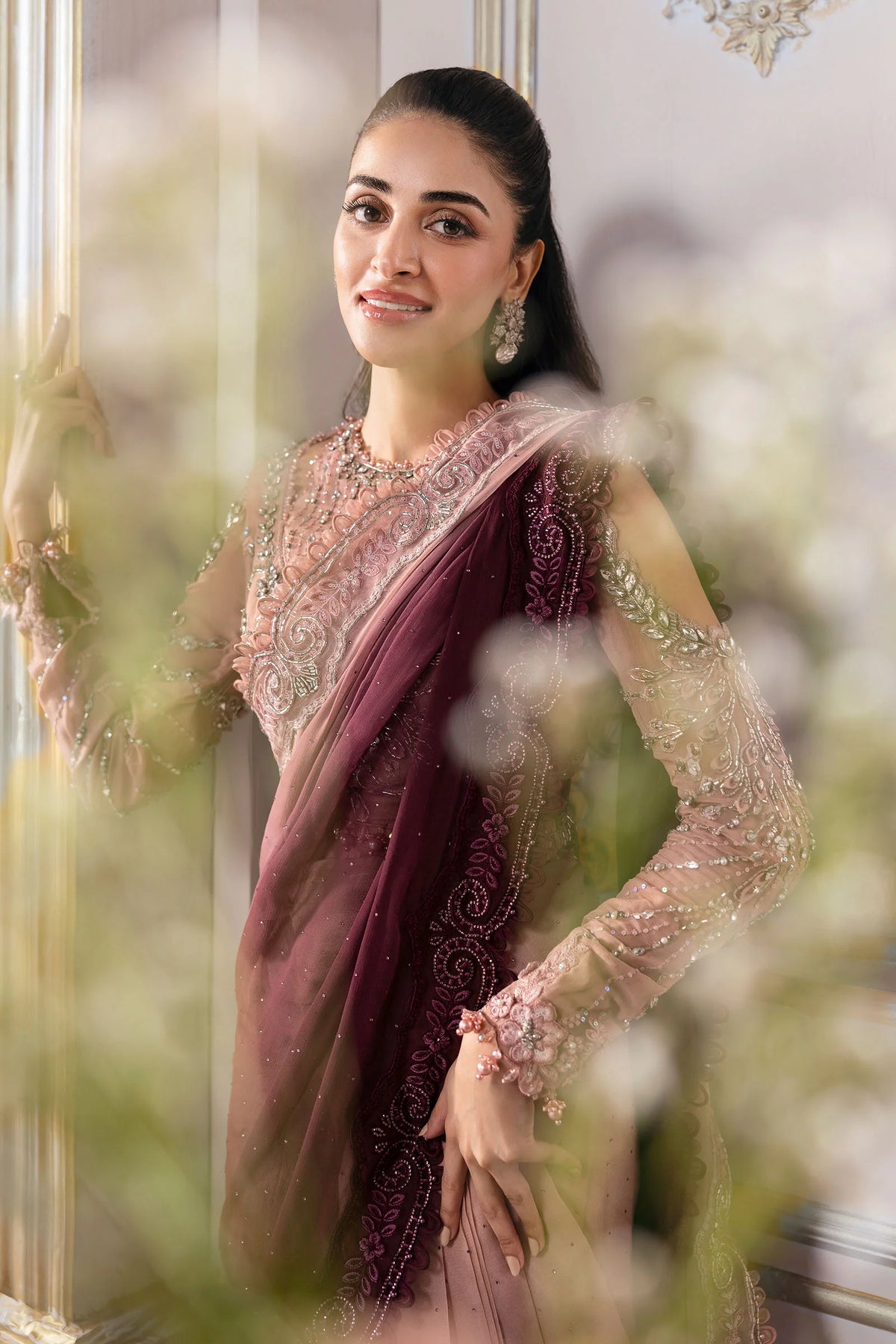 Dual-Tone Pink & Wine: Embroidered Chiffon Saree | Ready To Wear