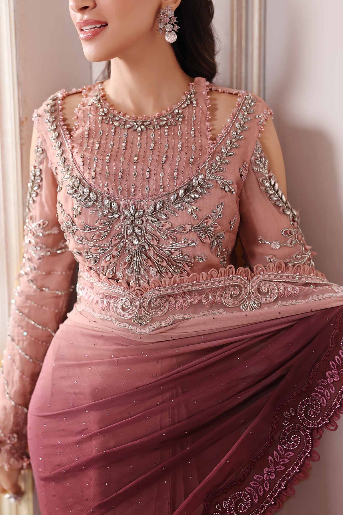 Dual-Tone Pink & Wine: Embroidered Chiffon Saree | Ready To Wear