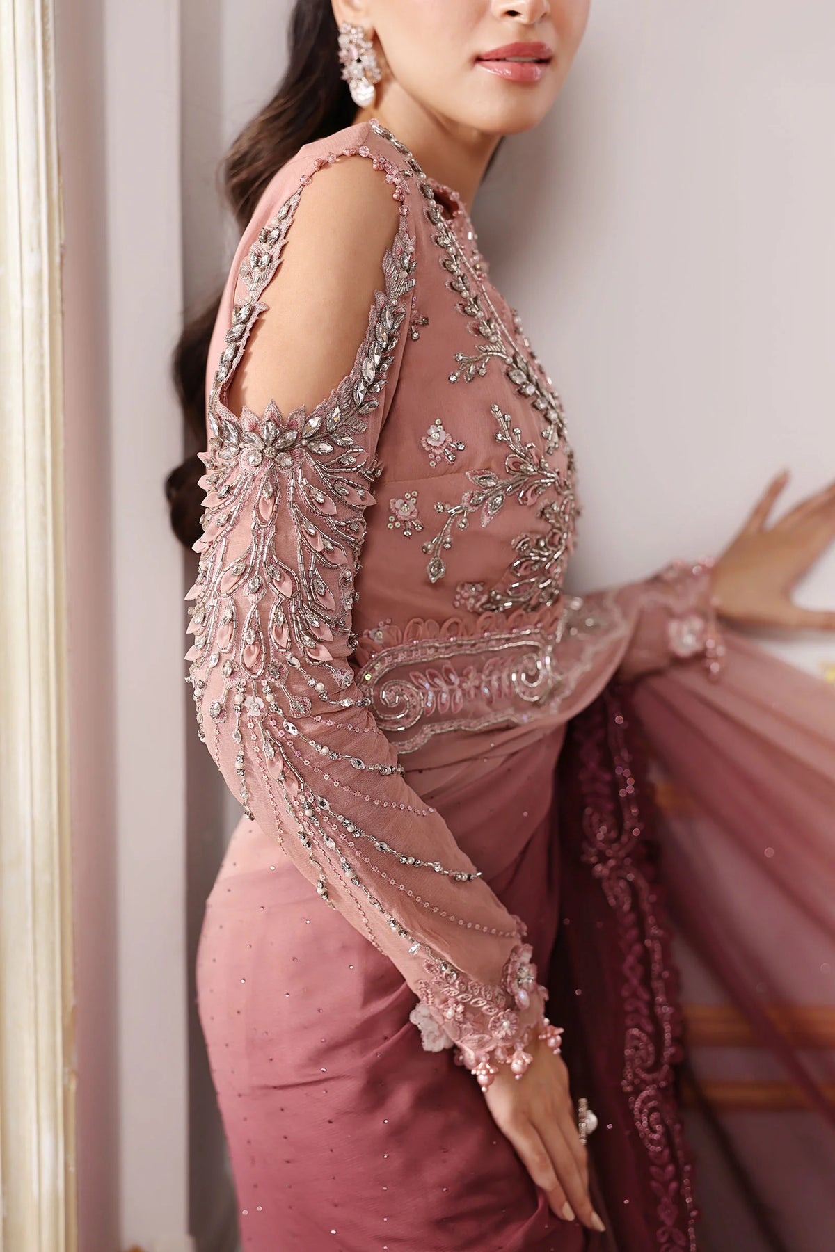 Dual-Tone Pink & Wine: Embroidered Chiffon Saree | Ready To Wear