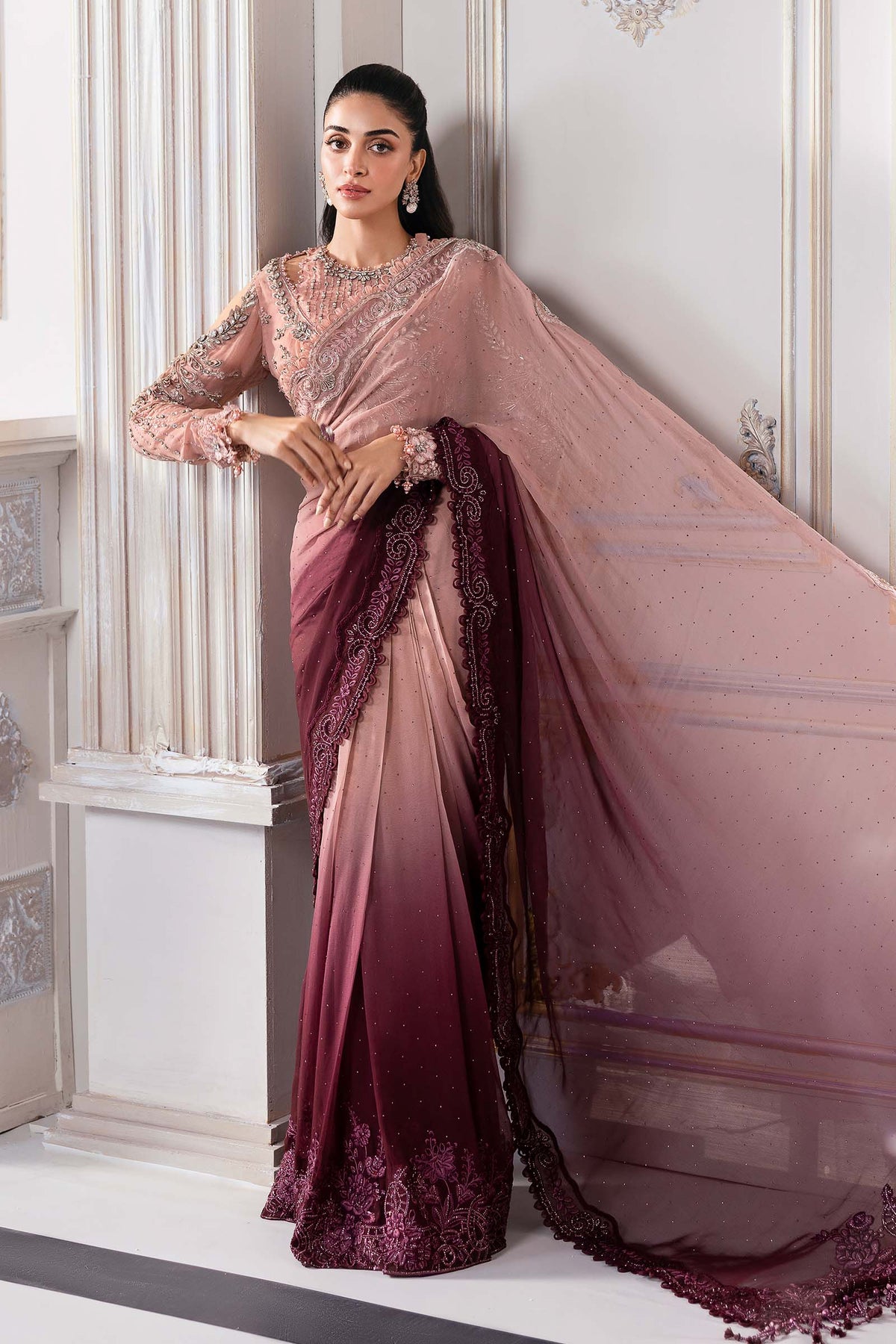 Dual-Tone Pink & Wine: Embroidered Chiffon Saree | Ready To Wear