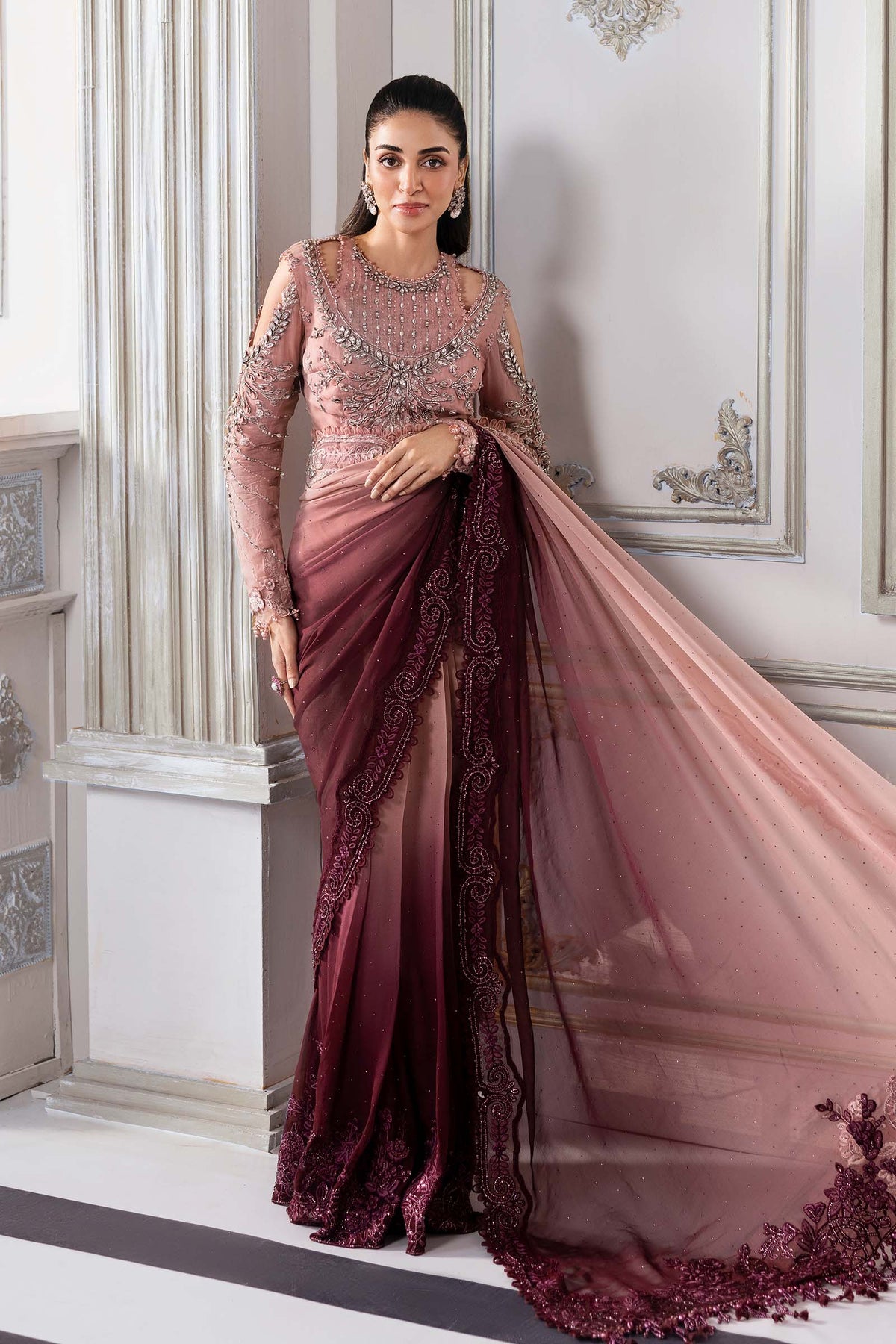 Dual-Tone Pink & Wine: Embroidered Chiffon Saree | Ready To Wear