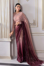 Dual-Tone Pink & Wine: Embroidered Chiffon Saree | Ready To Wear