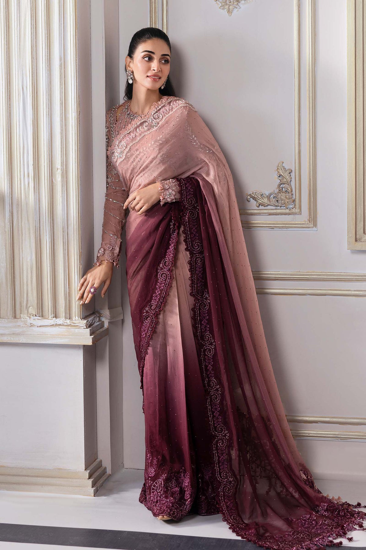 Dual-Tone Pink & Wine: Embroidered Chiffon Saree | Ready To Wear