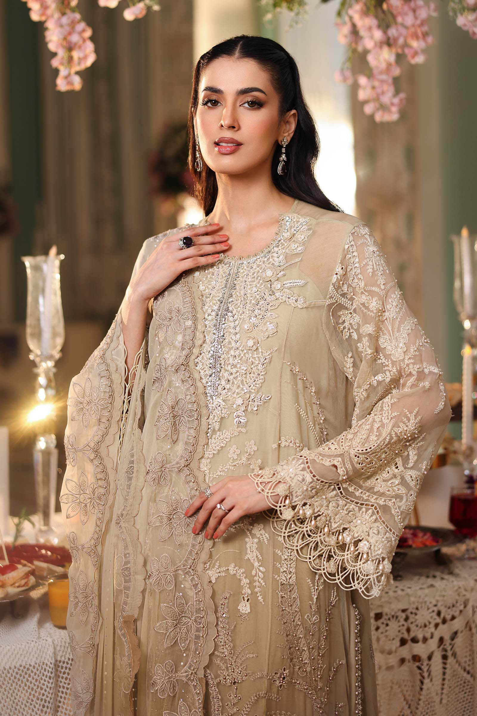 Khaki Gold - Tie & Dye: Heavy Embroidered Chiffon Suit | Ready To Wear