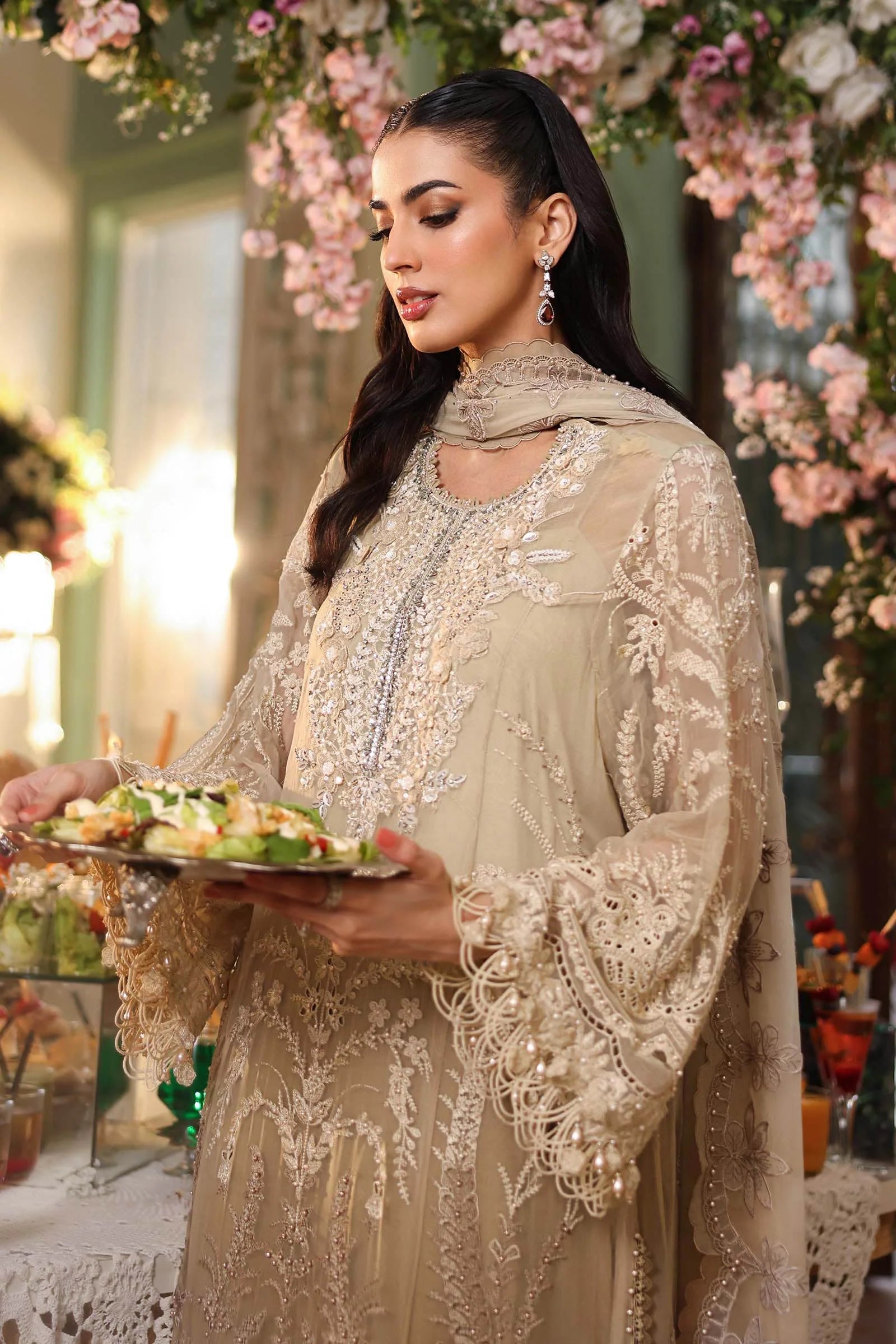 Khaki Gold - Tie & Dye: Heavy Embroidered Chiffon Suit | Ready To Wear