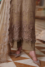 Khaki Gold - Tie & Dye: Heavy Embroidered Chiffon Suit | Ready To Wear