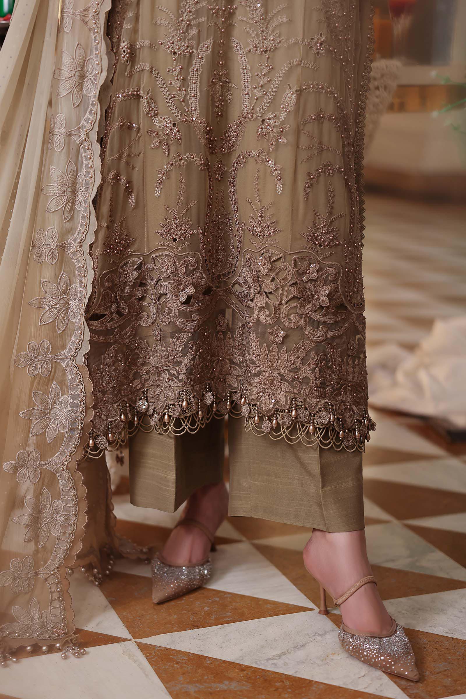 Khaki Gold - Tie & Dye: Heavy Embroidered Chiffon Suit | Ready To Wear