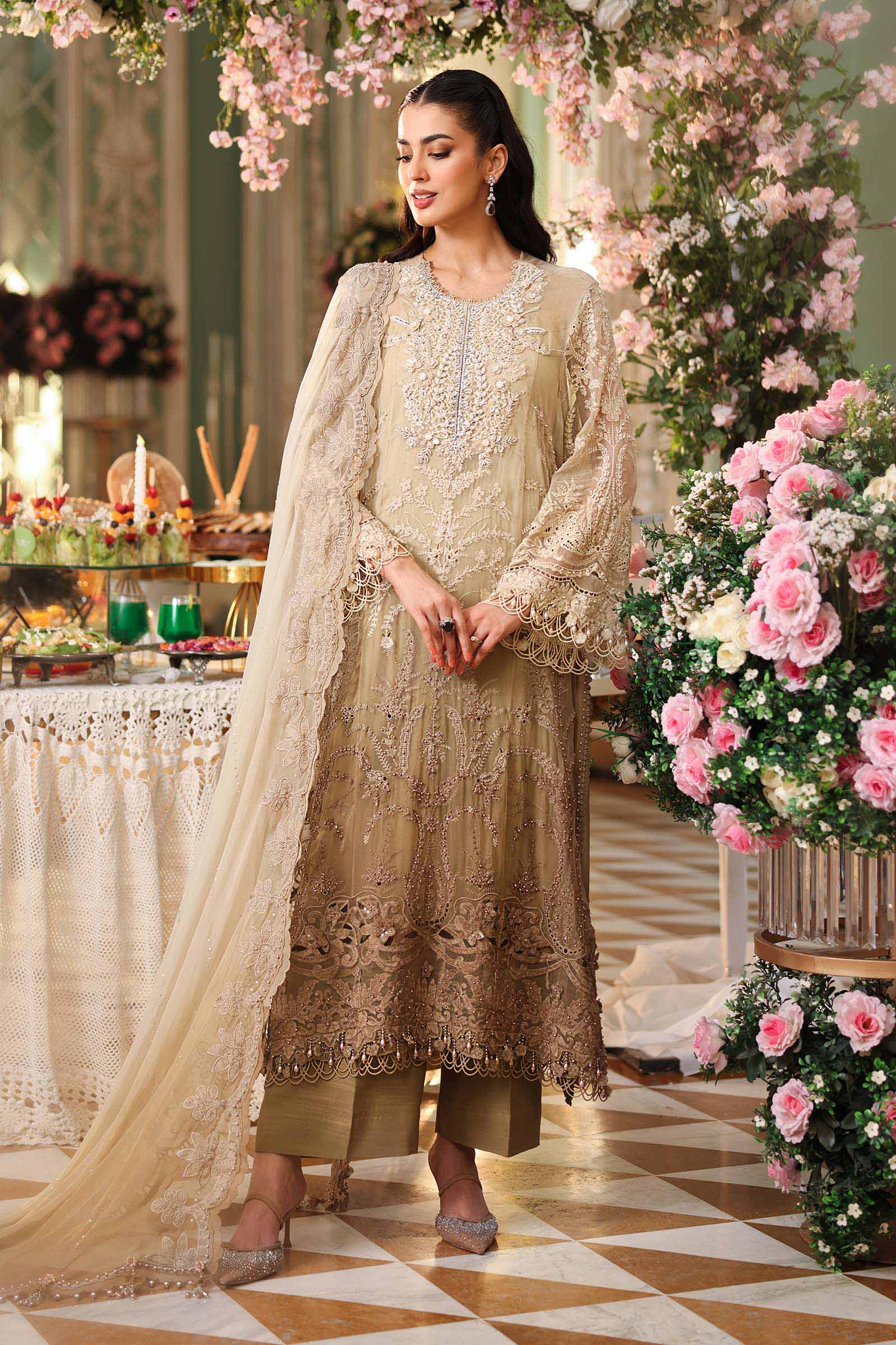Khaki Gold - Tie & Dye: Heavy Embroidered Chiffon Suit | Ready To Wear