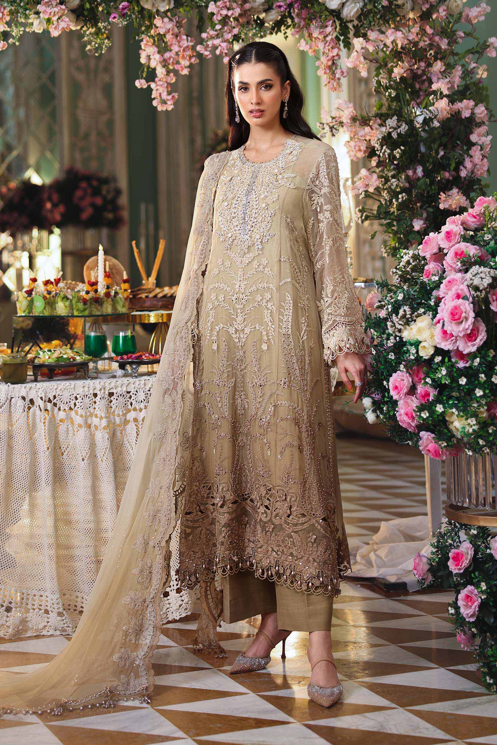 Khaki Gold - Tie & Dye: Heavy Embroidered Chiffon Suit | Ready To Wear