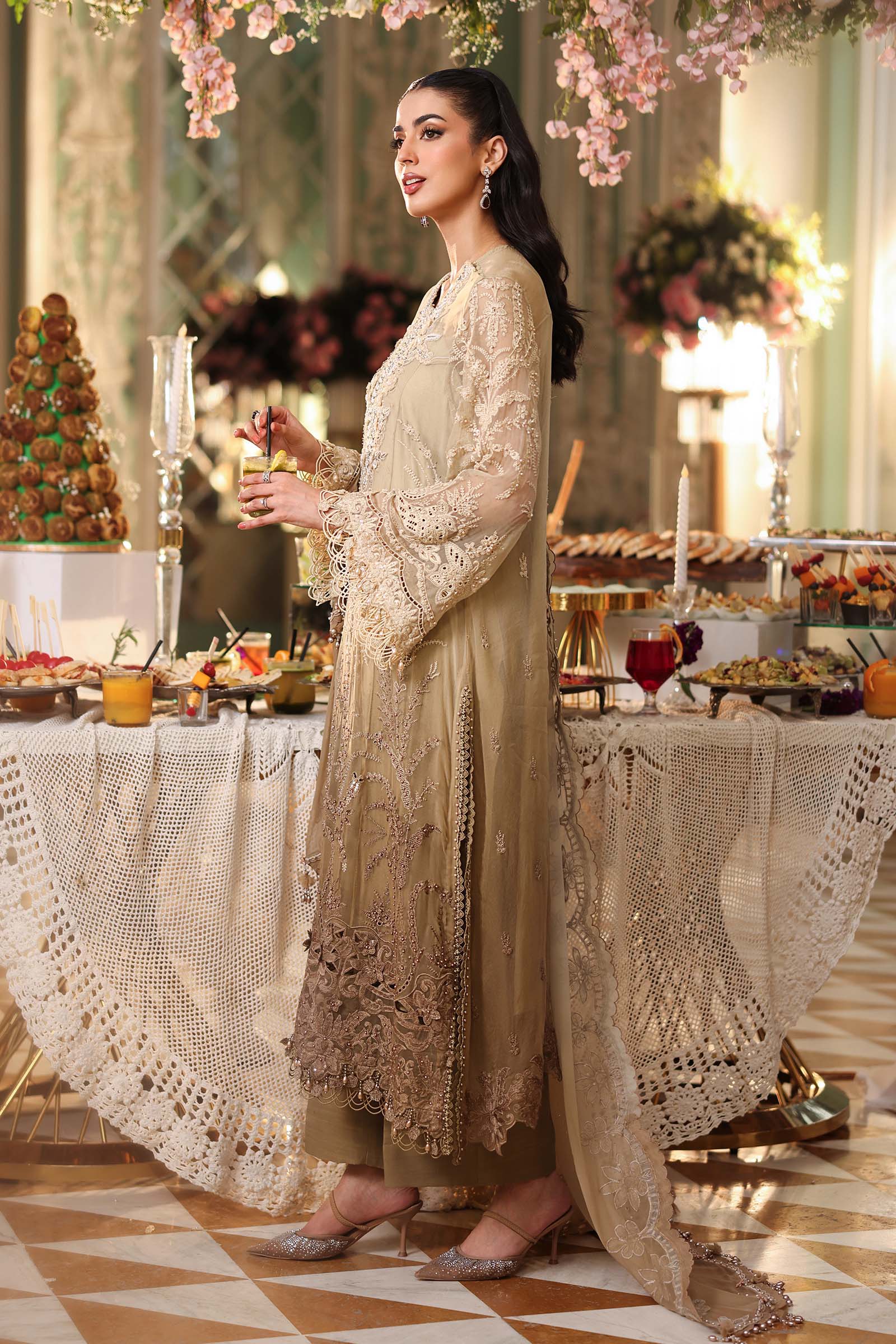 Khaki Gold - Tie & Dye: Heavy Embroidered Chiffon Suit | Ready To Wear