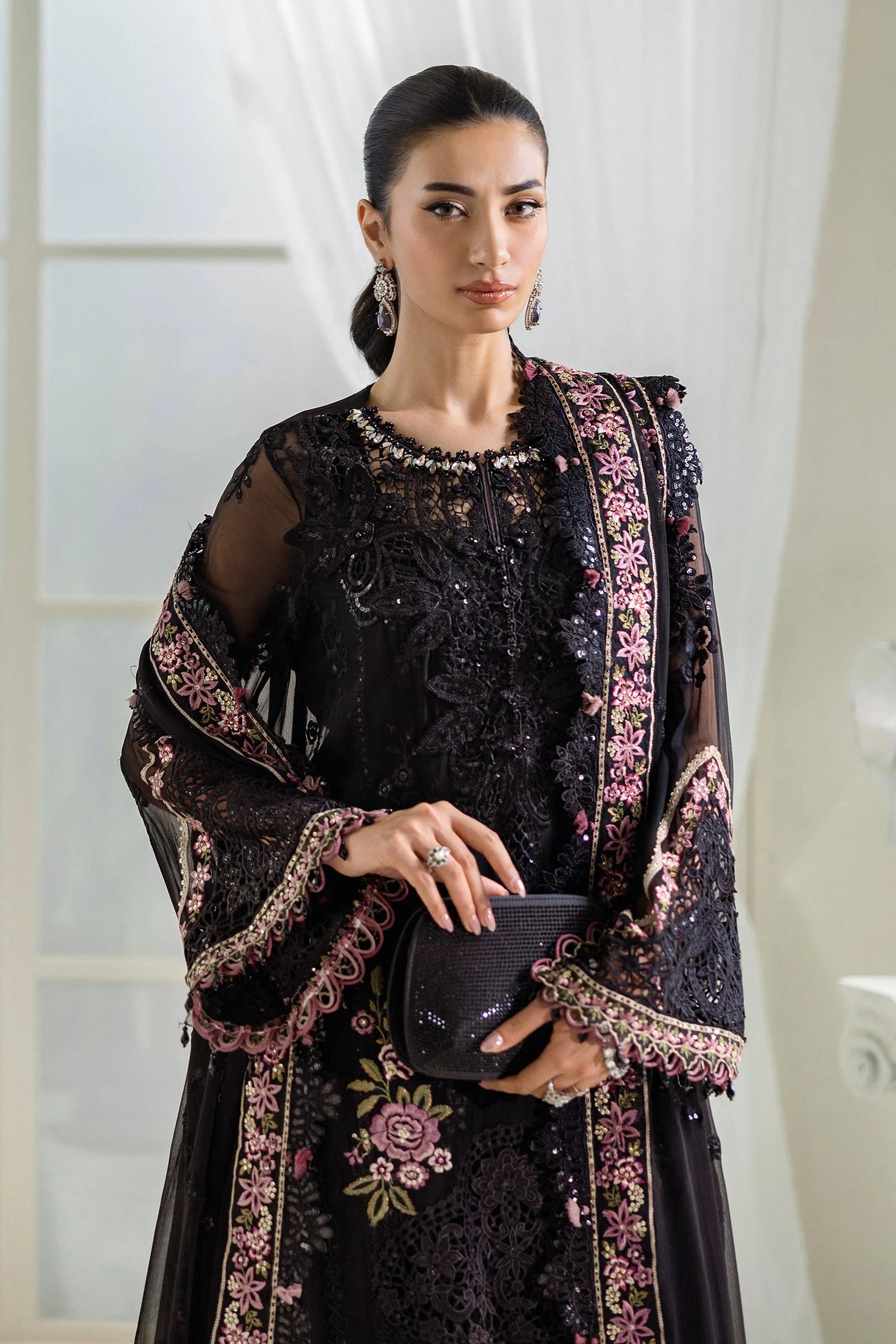 Jet Black & Blush Pink Accent: Embroidered Chiffon Suit | Ready To Wear