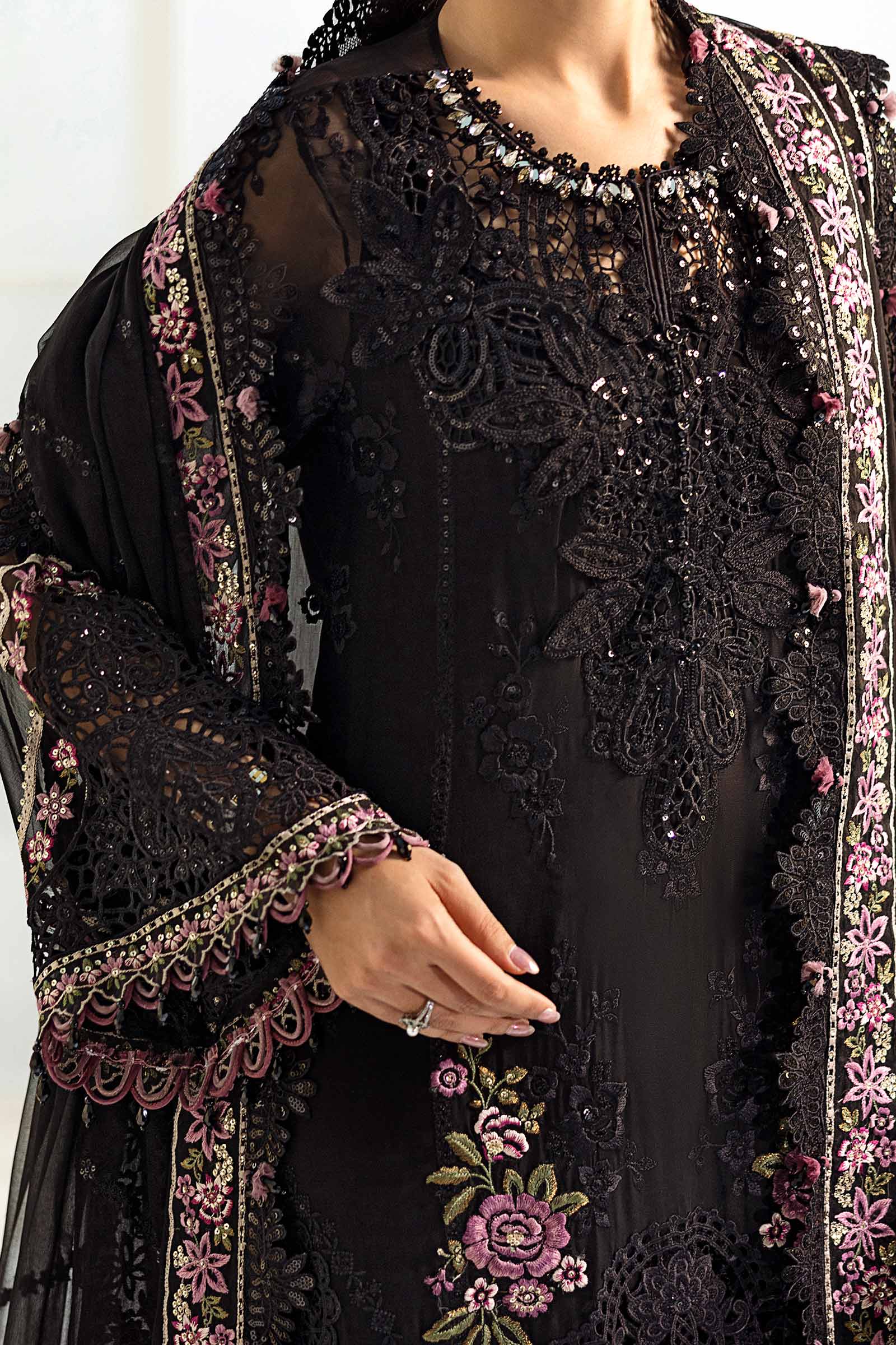 Jet Black & Blush Pink Accent: Embroidered Chiffon Suit | Ready To Wear