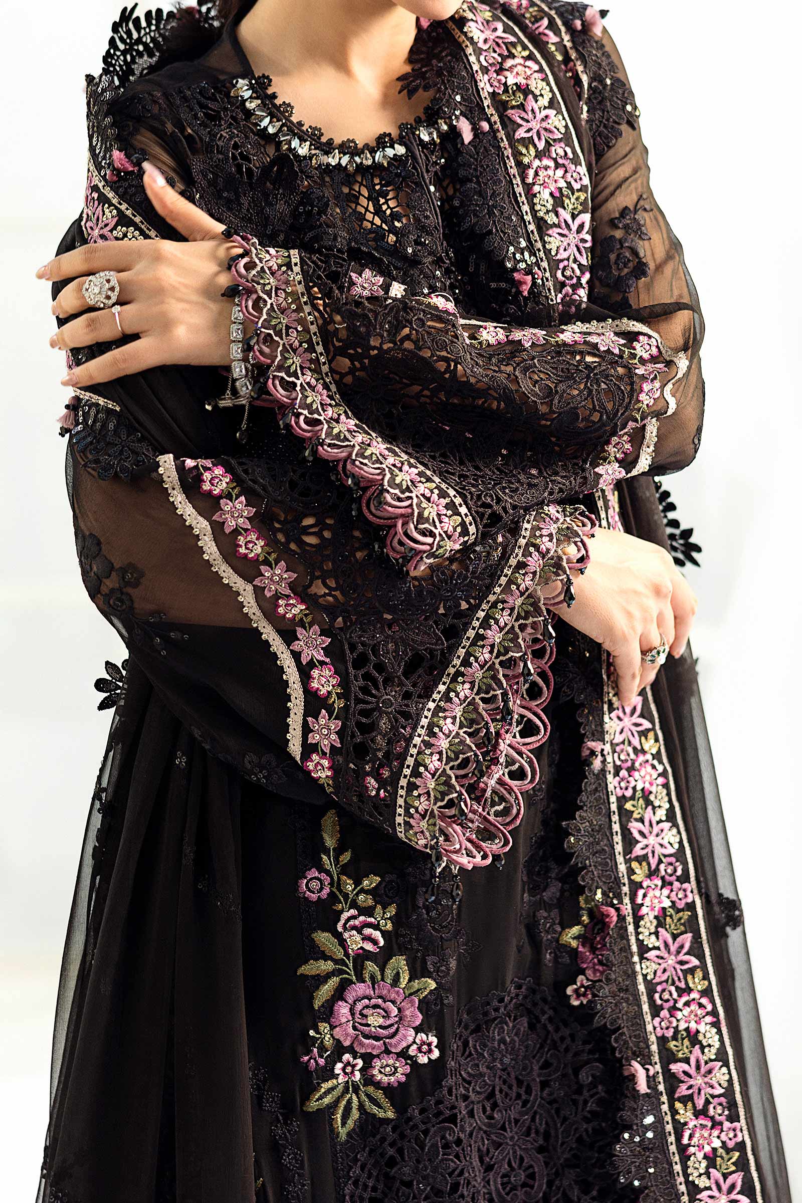 Jet Black & Blush Pink Accent: Embroidered Chiffon Suit | Ready To Wear