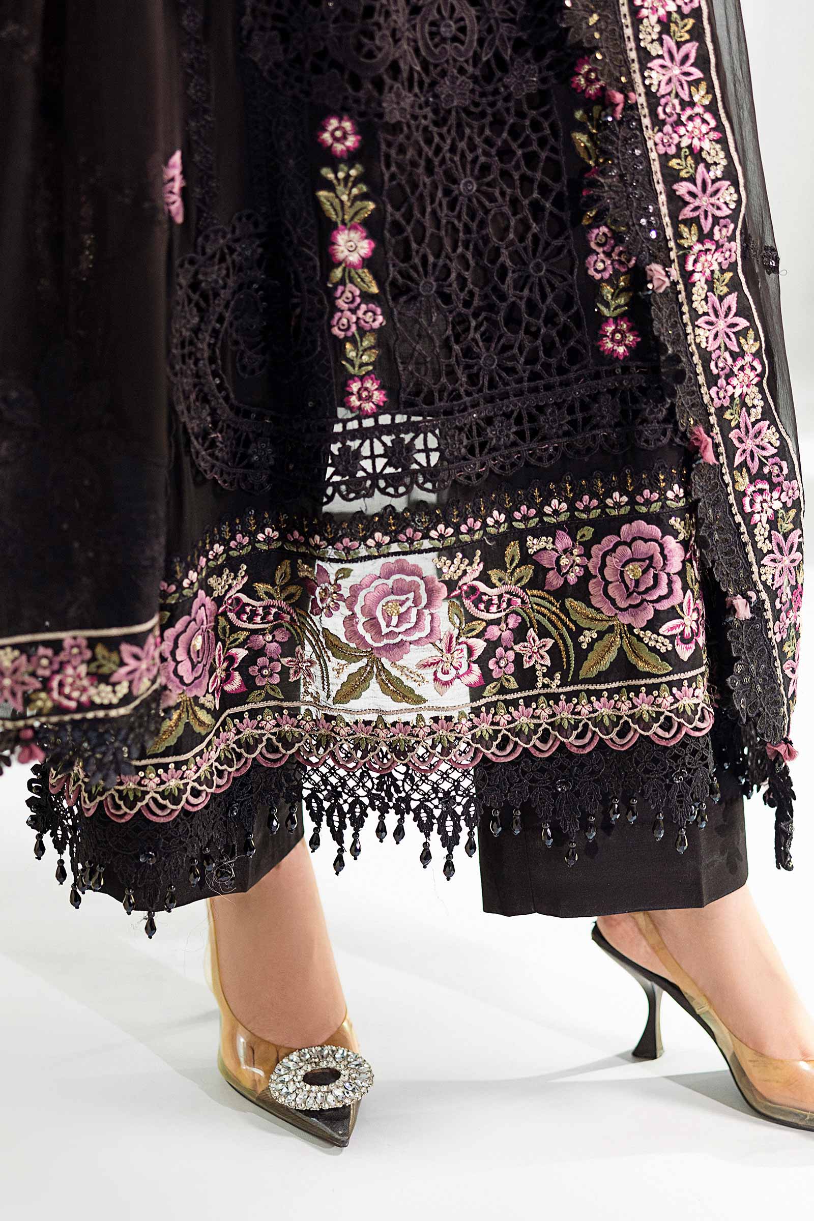 Jet Black & Blush Pink Accent: Embroidered Chiffon Suit | Ready To Wear