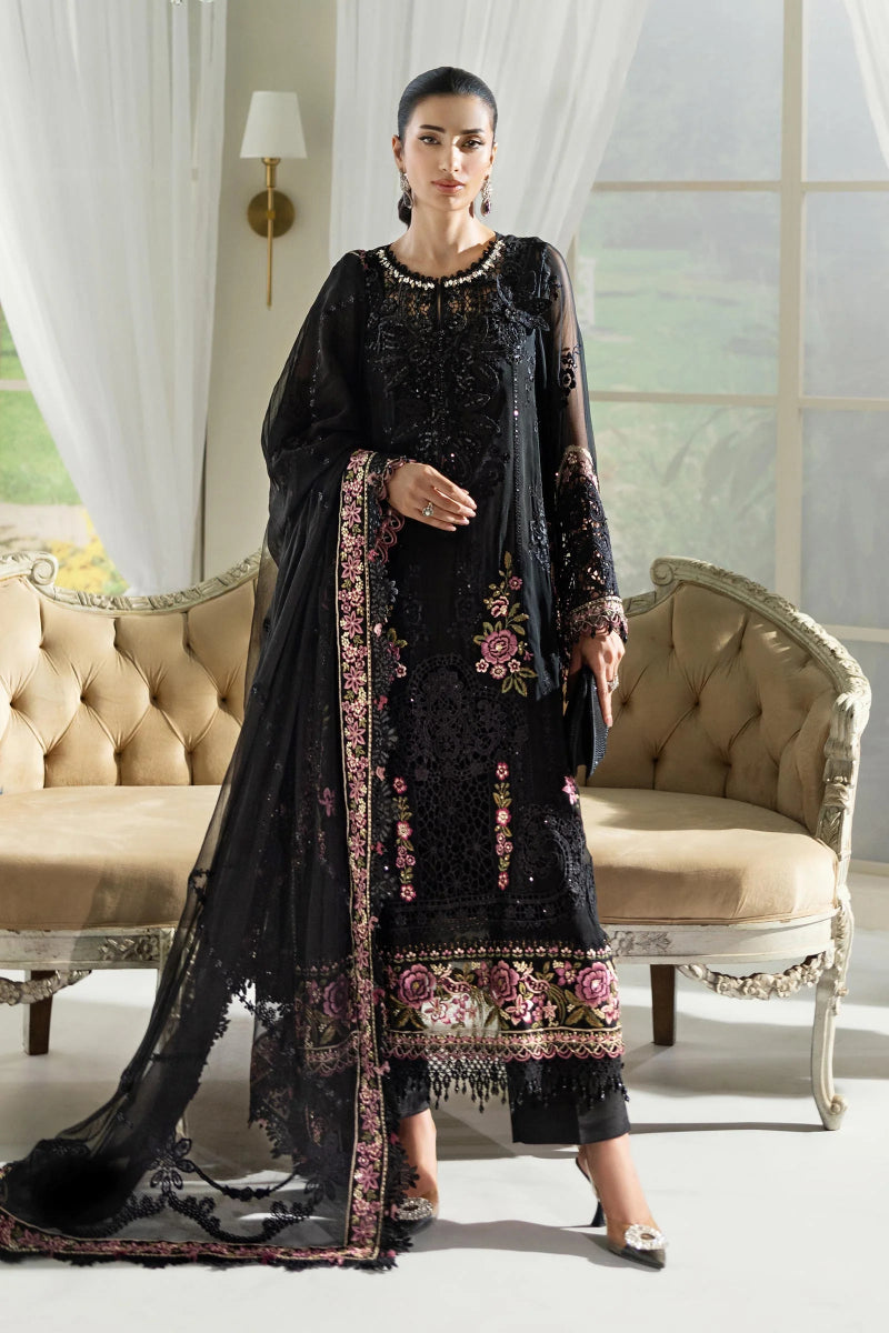 Jet Black & Blush Pink Accent: Embroidered Chiffon Suit | Ready To Wear