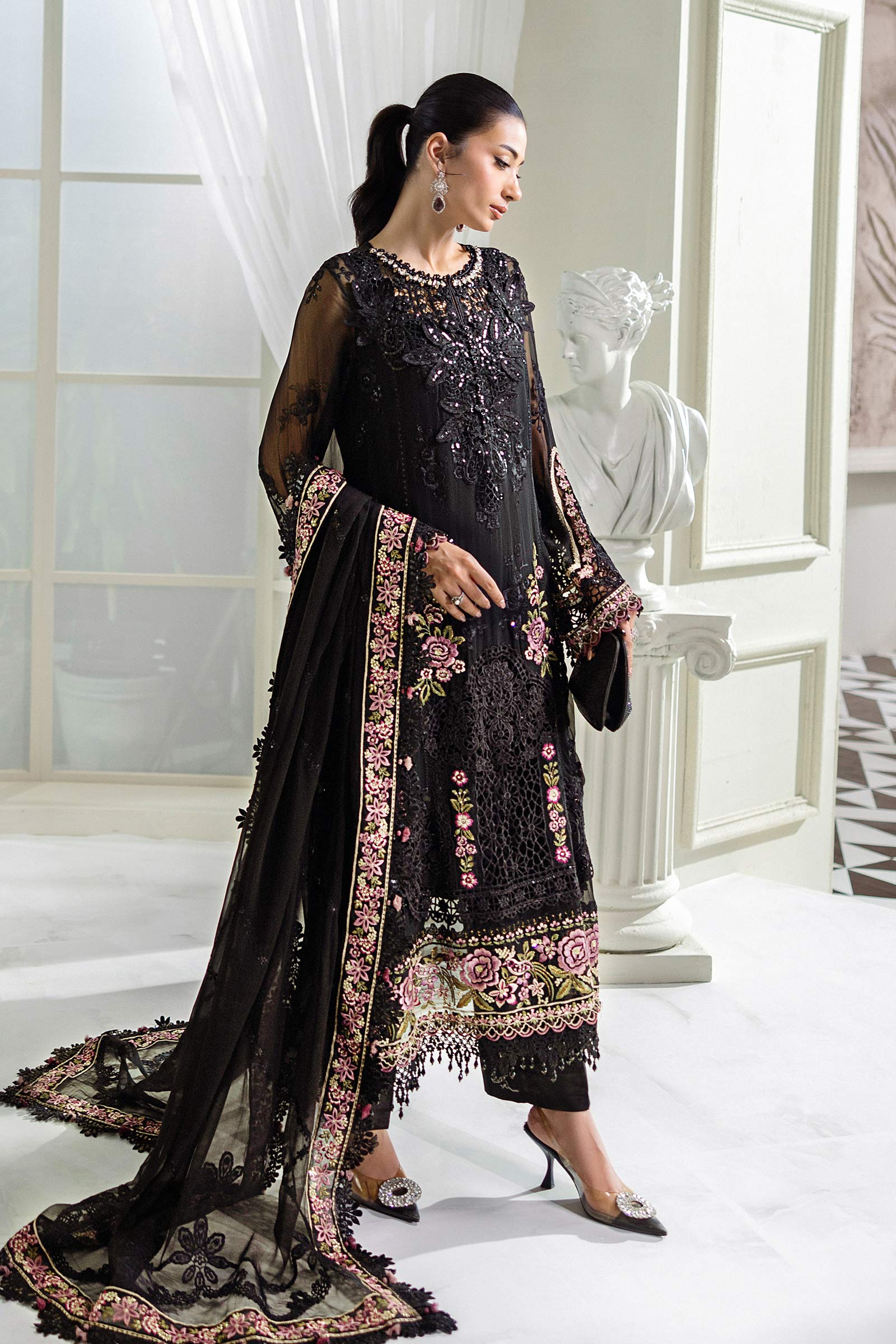 Jet Black & Blush Pink Accent: Embroidered Chiffon Suit | Ready To Wear