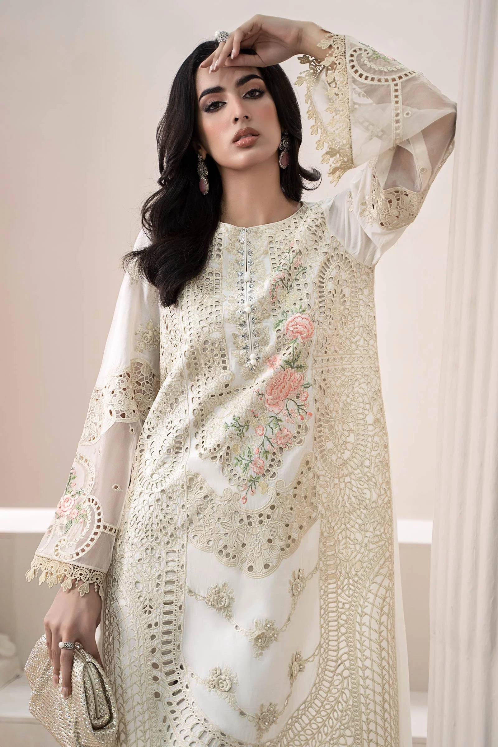 The Pastel Blossom: Schiffli & Floral Embroidered Cotton Suit | Ready To Wear