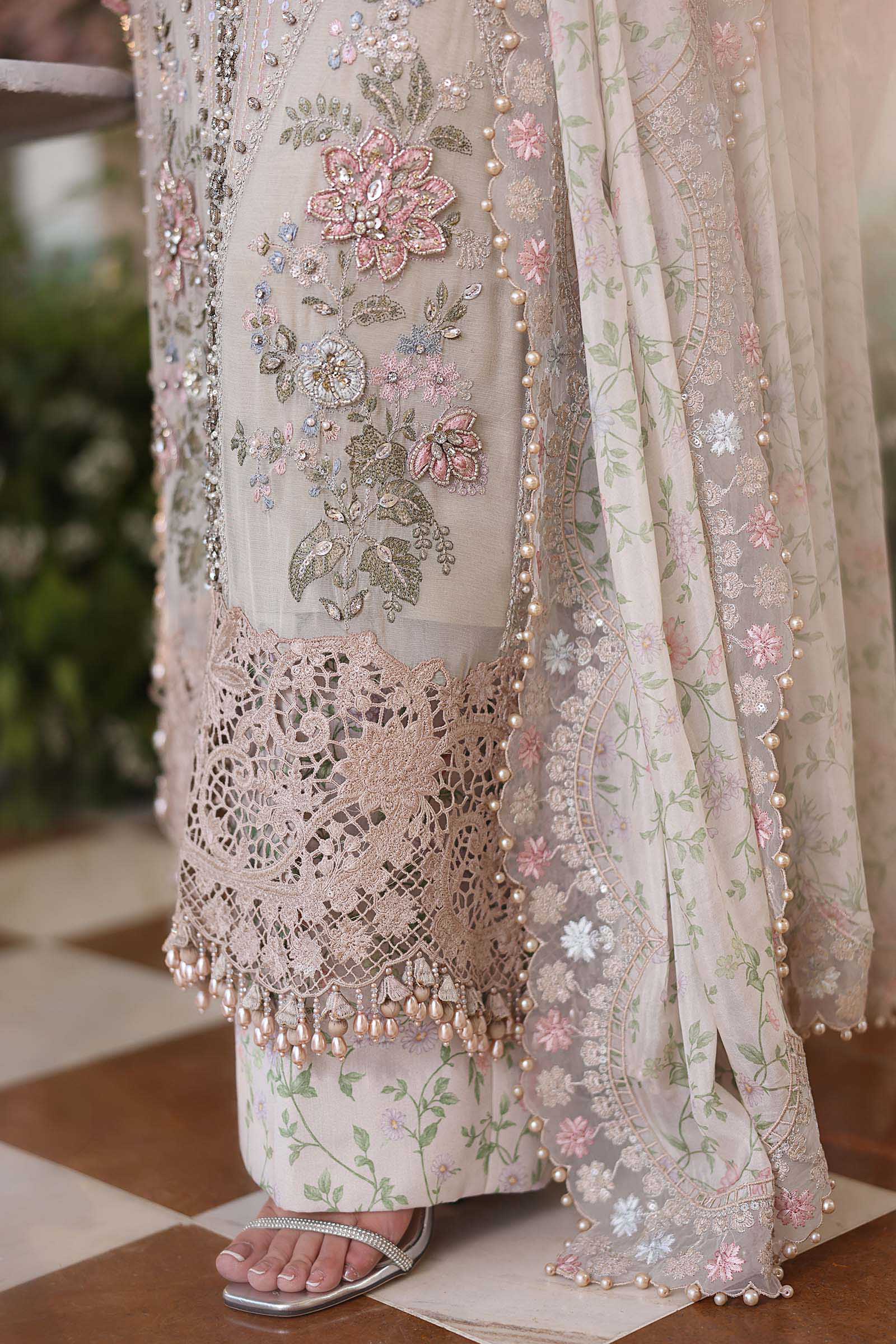 Pearl Ivory & Pastel Blush Accent: Embroidered Chiffon Suit