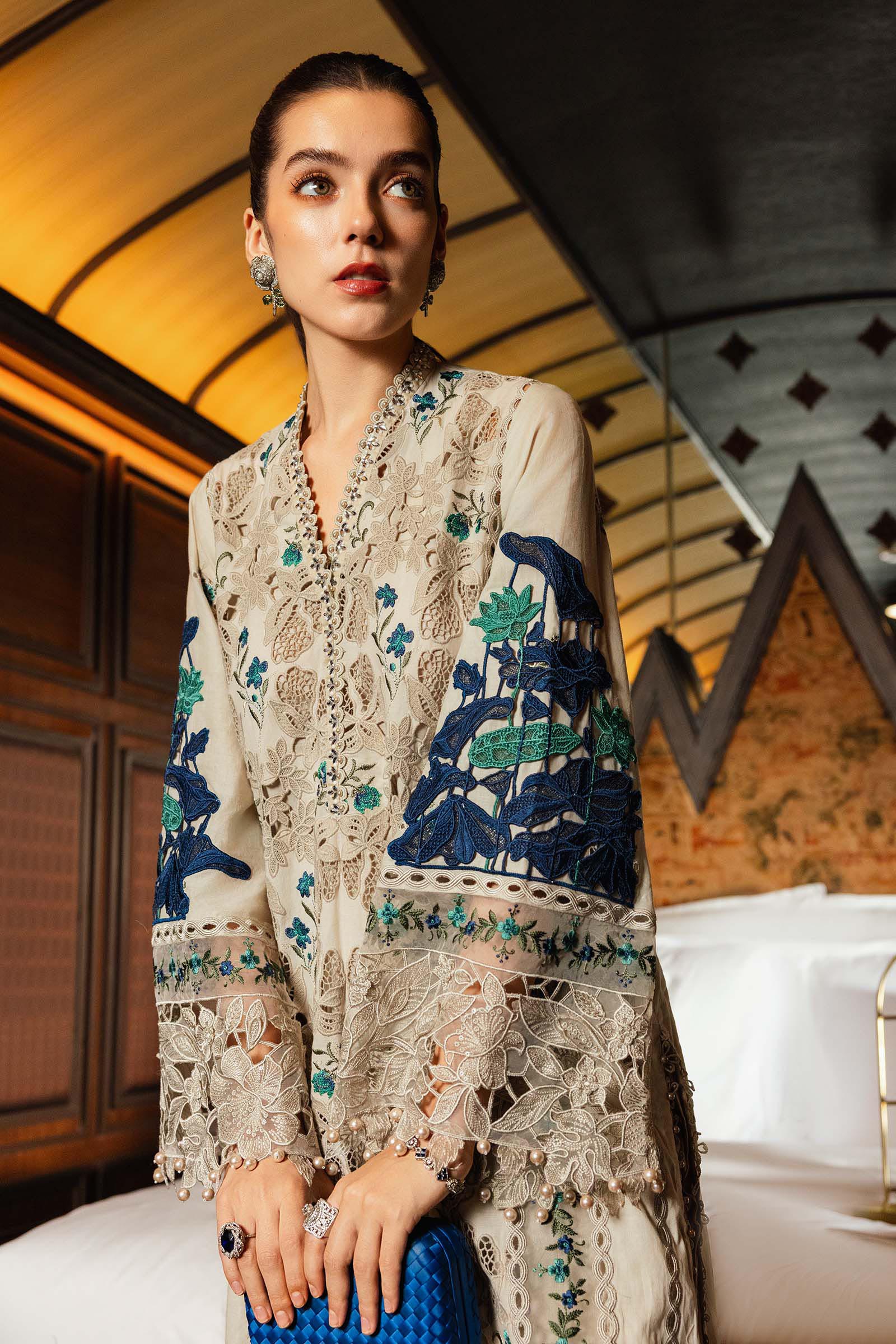 Earthy Beige & Blue Accent: Heavy Embroidered Lawn Suit | Ready To Wear