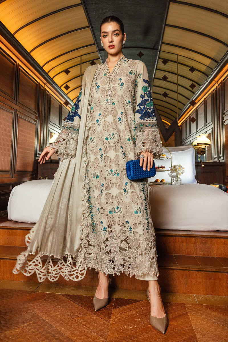 Earthy Beige & Blue Accent: Heavy Embroidered Lawn Suit | Ready To Wear