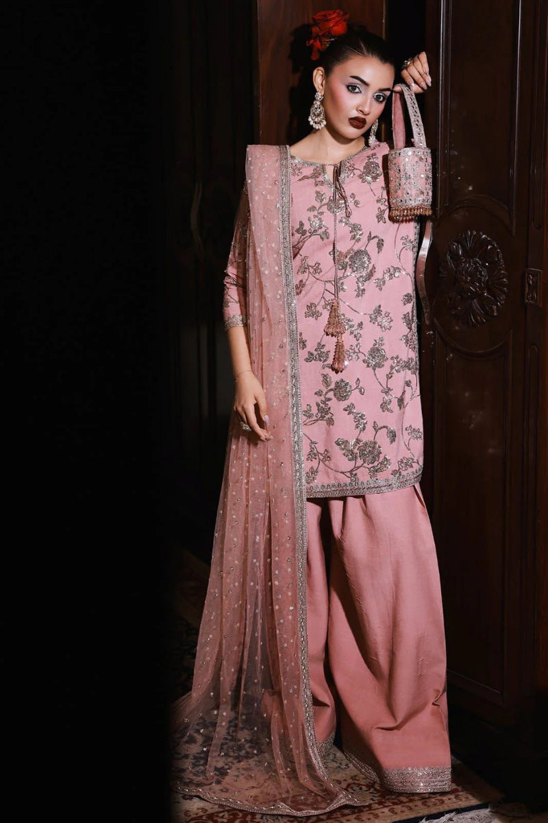 The Vintage Rose: Embroidered Silk Floral Kurta & Net Dupatta | Ready To Wear