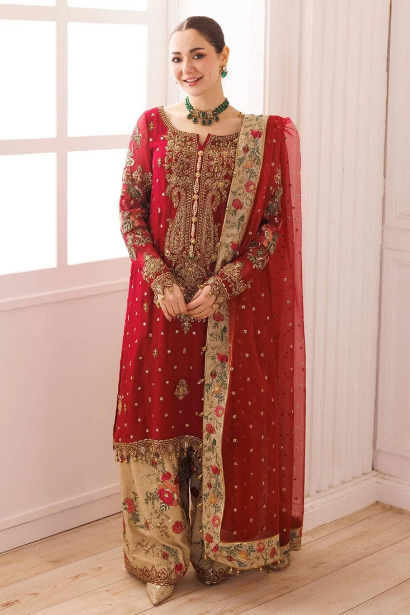 Bridal Red: Embroidered Chiffon Suit With Organza Dupatta | Ready To Wear