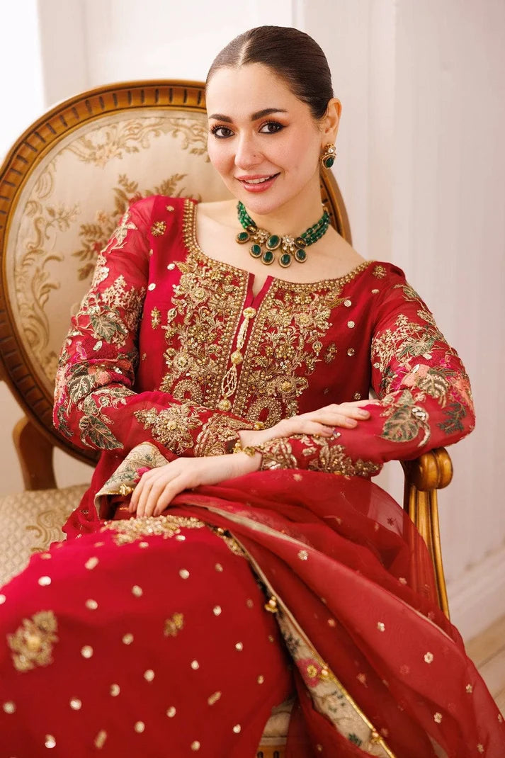 Bridal Red: Embroidered Chiffon Suit With Organza Dupatta | Ready To Wear