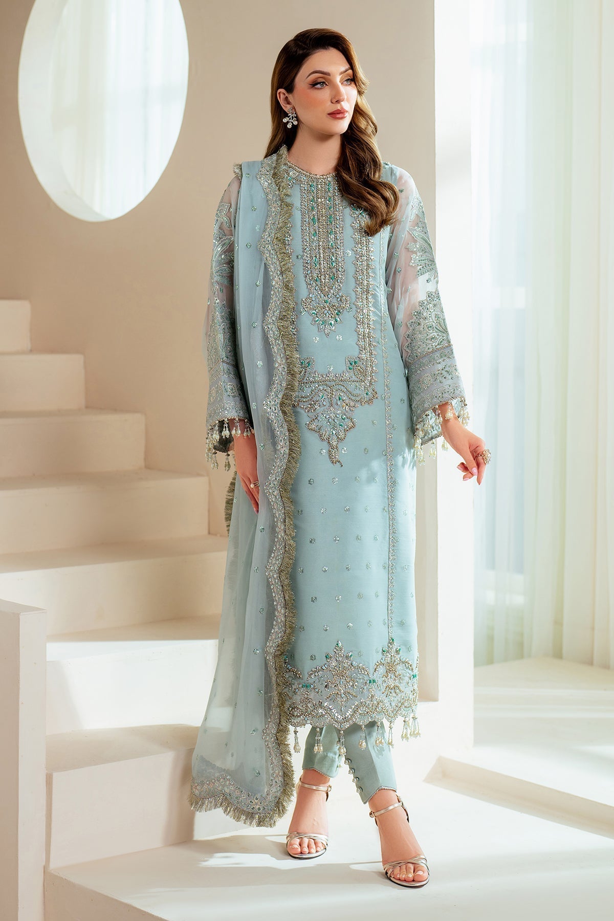 3-Piece Ciffon Heavy Embroidered Dress With Silk Trouser