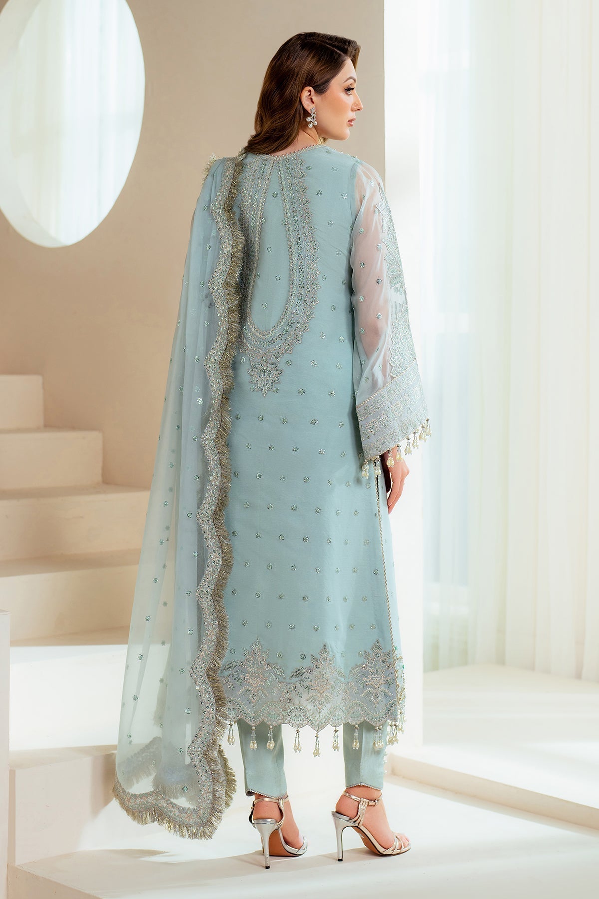 3-Piece Ciffon Heavy Embroidered Dress With Silk Trouser