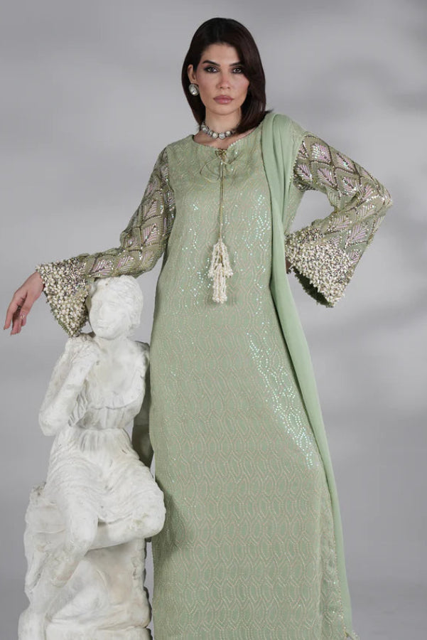 Mint Green - Embroidered Chiffon Suit | Ready To Wear