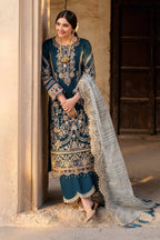 Peacock Blue: Embroidered Chiffon Suit WIth Organza Karandi Dupatta | Ready To Wear