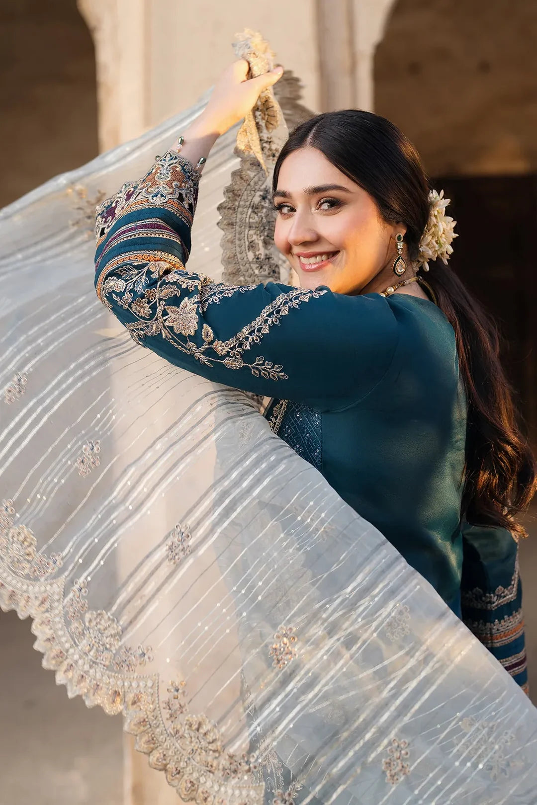 Peacock Blue: Embroidered Chiffon Suit WIth Organza Karandi Dupatta | Ready To Wear