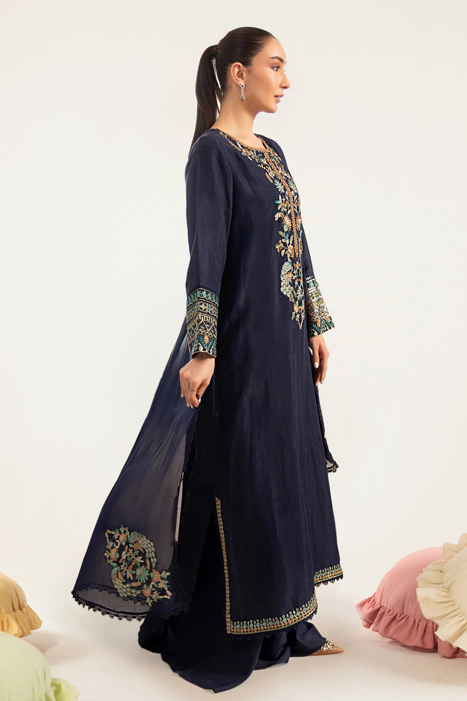 Navy Blue & Multi-Color: Embroidered Chiffon Suit | Ready To Wear