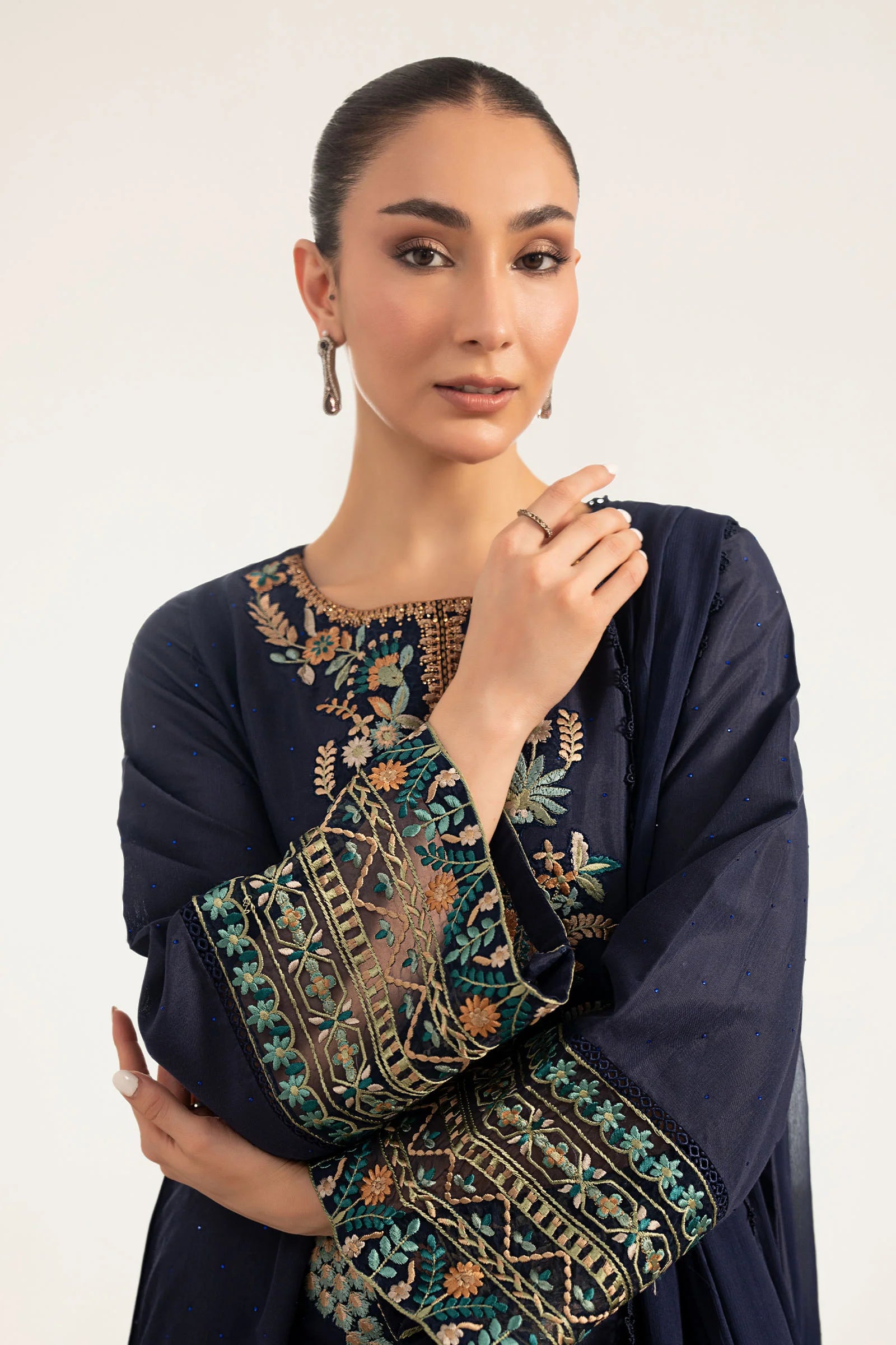 Navy Blue & Multi-Color: Embroidered Chiffon Suit | Ready To Wear