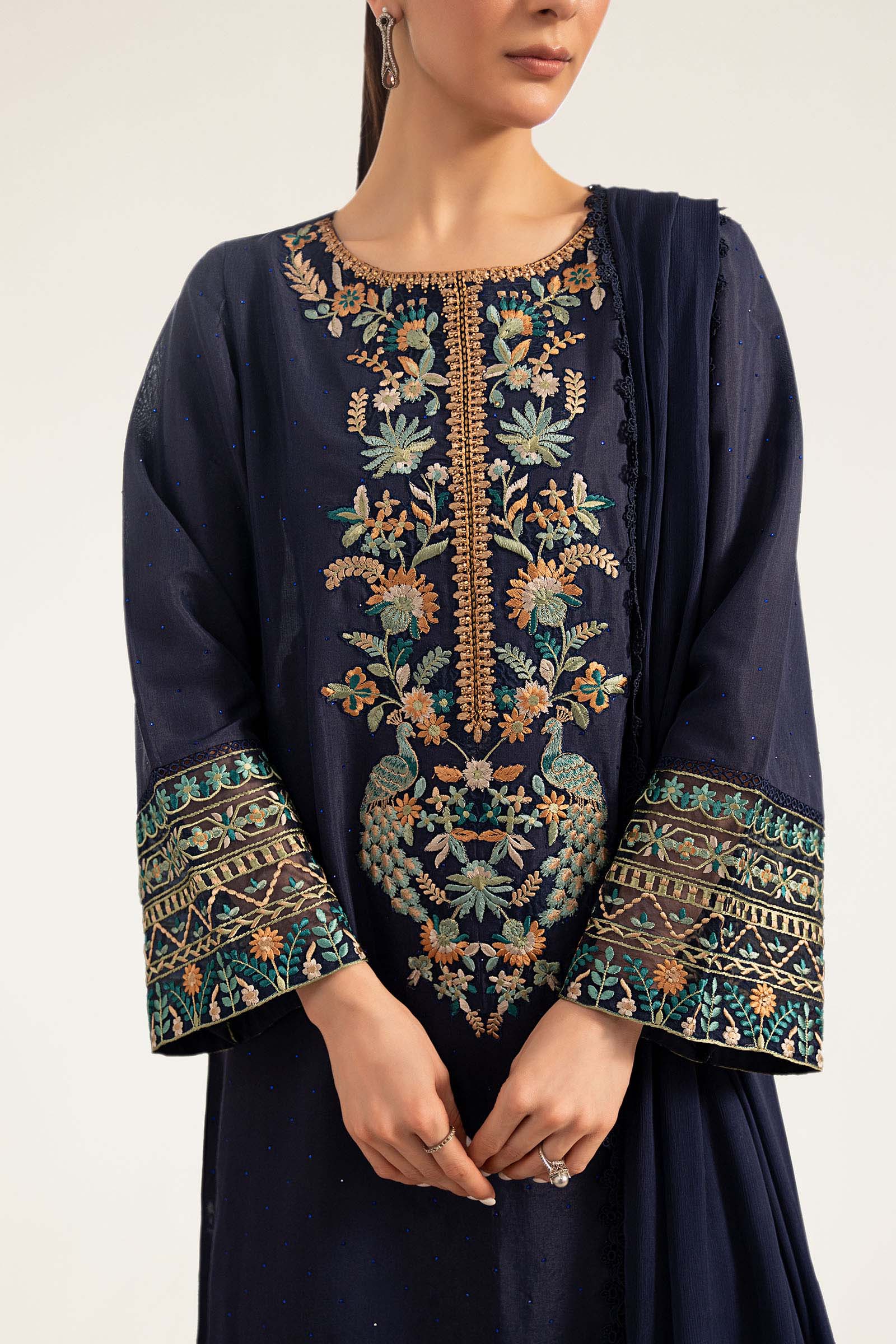 Navy Blue & Multi-Color: Embroidered Chiffon Suit | Ready To Wear