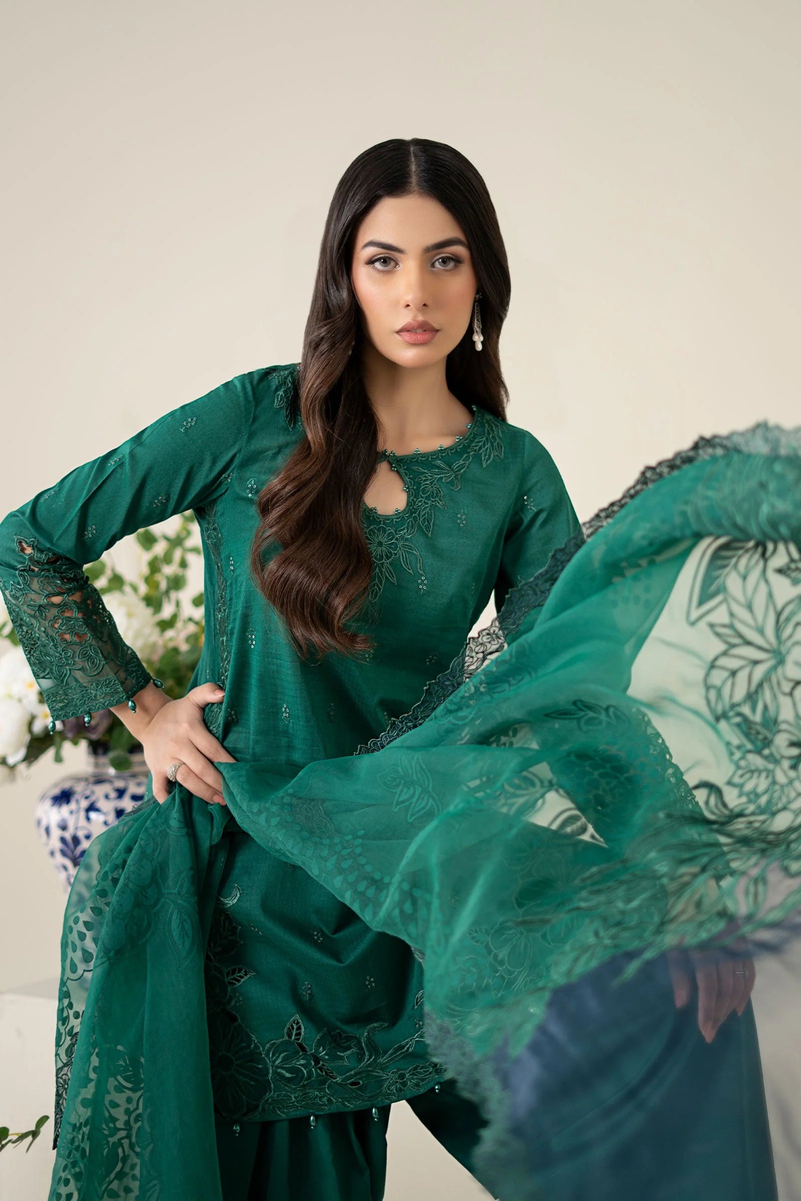 03-Piece Embroidered Raw Silk Suit With Organza Dupatta | Ready To Wear