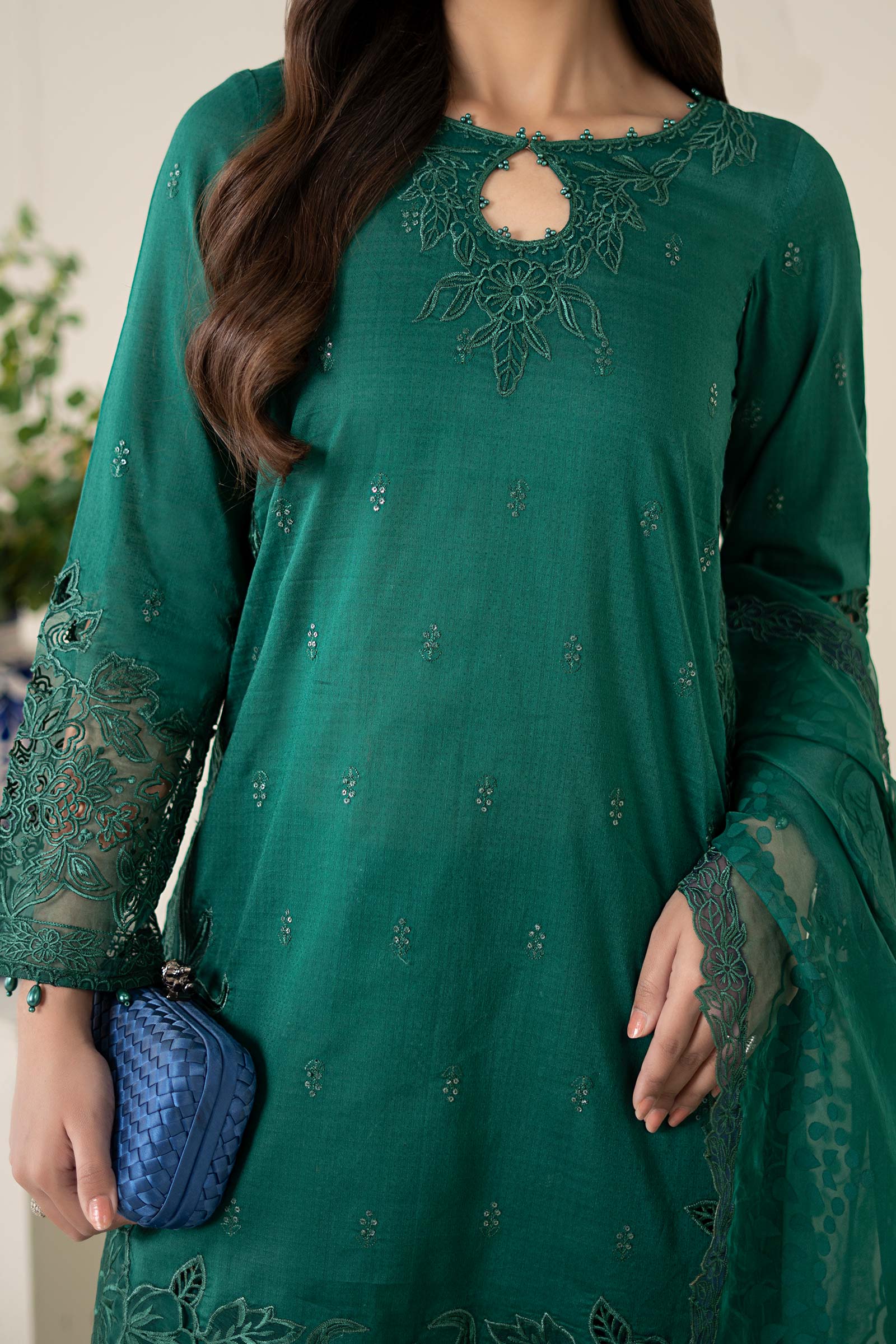 03-Piece Embroidered Raw Silk Suit With Organza Dupatta | Ready To Wear
