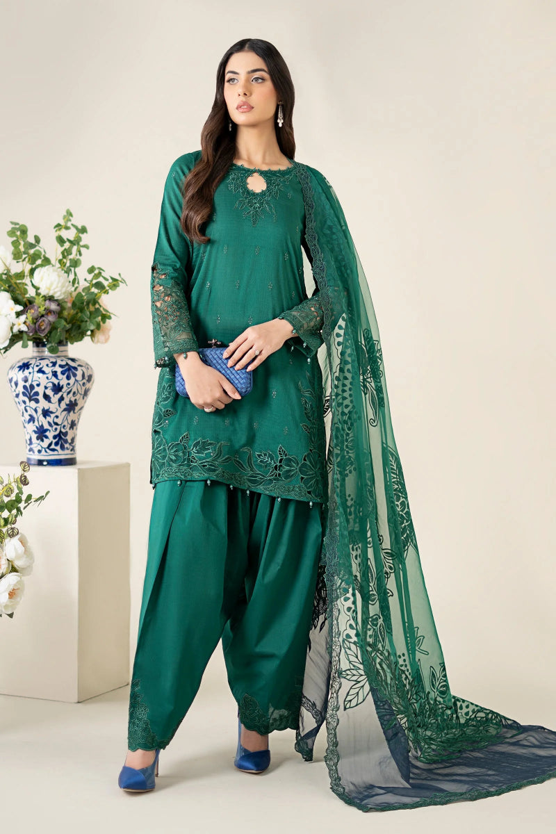 03-Piece Embroidered Raw Silk Suit With Organza Dupatta | Ready To Wear