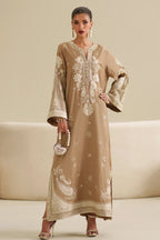 Dune Beige & White Accent: Embroidered Raw Silk Kaftan With Chiffon Dupatta | Ready To Wear